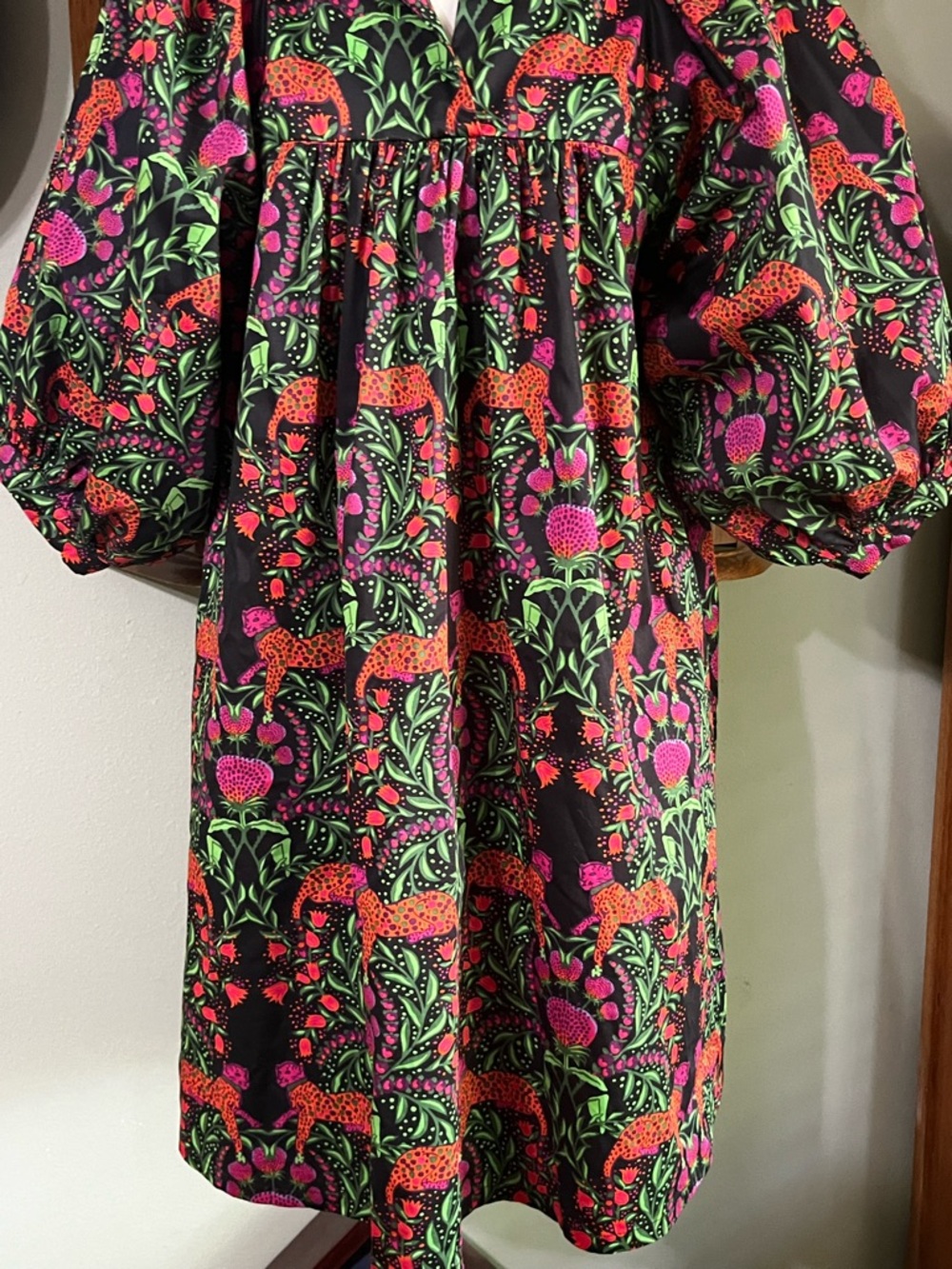 Emily McCarthy Black Leopard Strawberries Puff Sleeves Pocket Dress Small - Picture 6 of 10